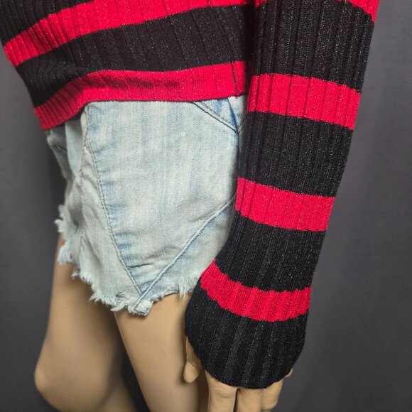 Y2K INC Striped Fitted Sweater Size XS Red Black Glitter Ribbed V Neck Emo - Picture 6 of 10